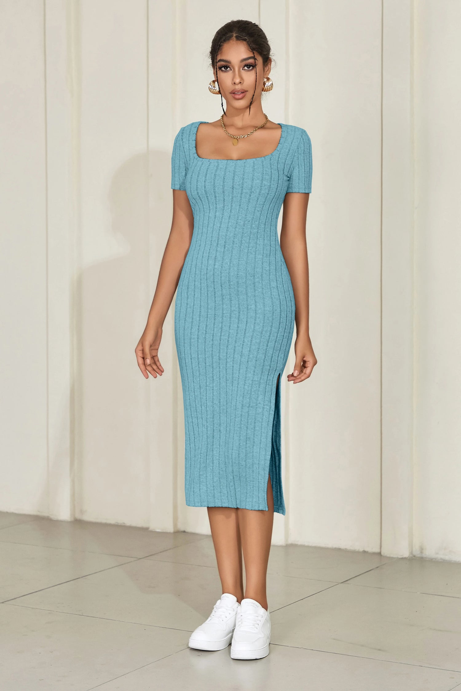 Summer square neck, hip-hugging mid-length skirt, short-sleeved, versatile knitted slit dress