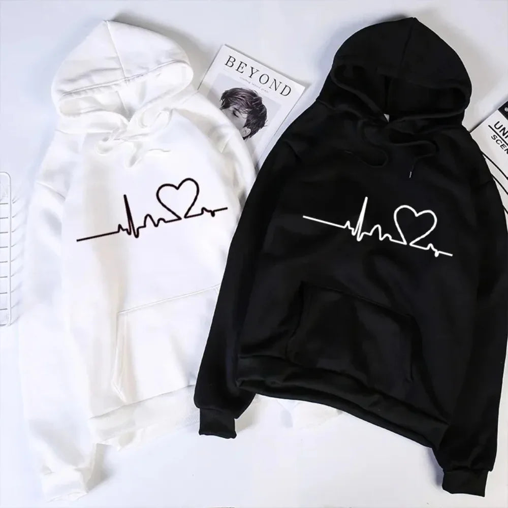 Women Casual Hoodies Heartbeat Print Men&