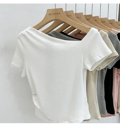 Womens Long Sleeve Off Shoulder T Shirts 2026 Tight Knit Sexy Slim Fitted Casual Women&