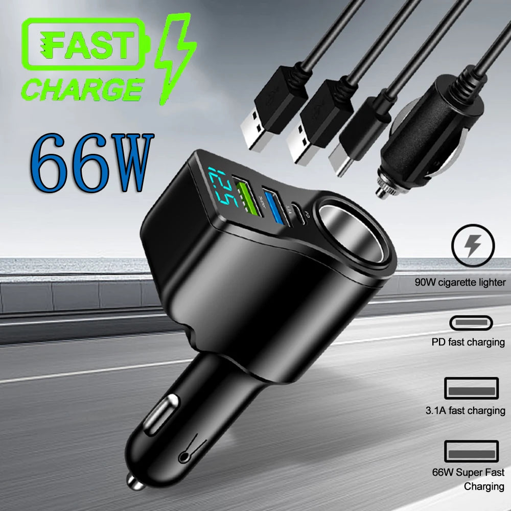 4-In-1 Power Adapter Car Charger Socket Distributor With 2 USB Ports 12V/24V USB Type-C PD Fast Charging with Digital Display