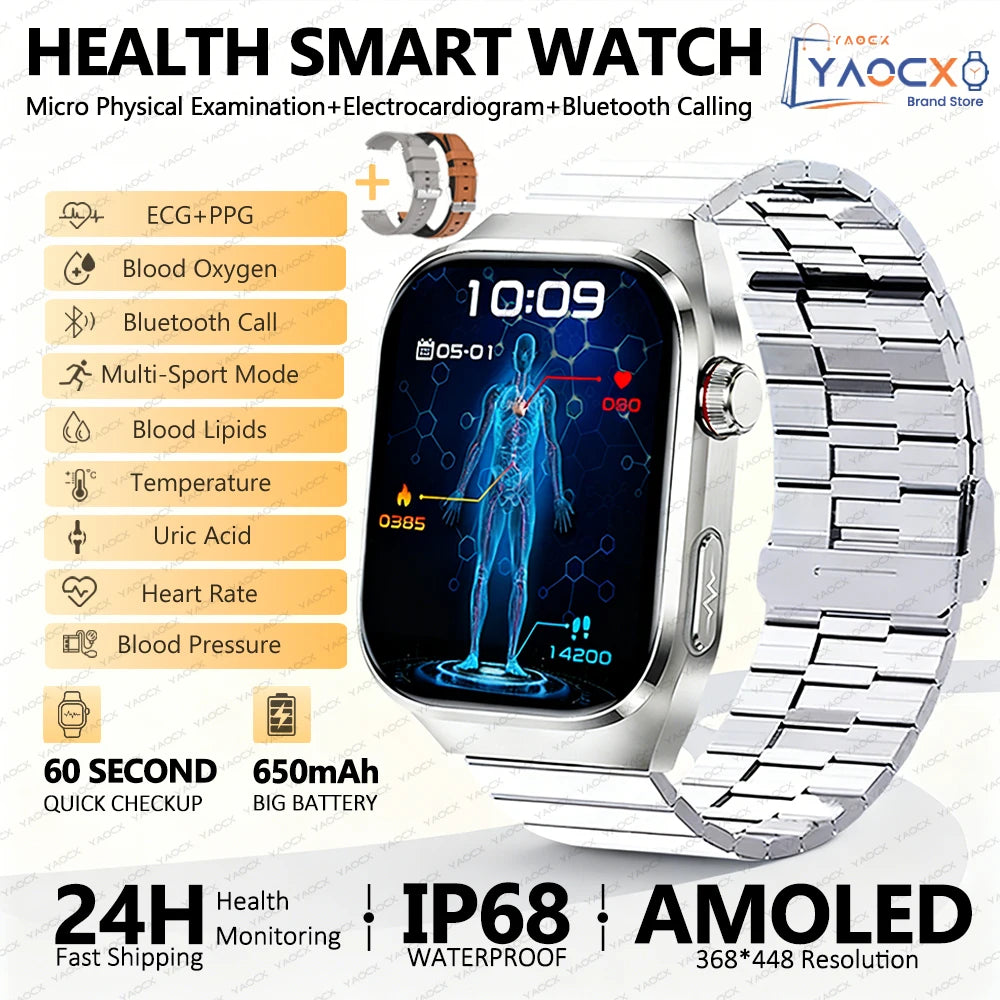 2026 New Smart Watch 2.04-inch AMOLED Screen Bluetooth Call IP68 Waterproof 650mA Sports Smartwatches Men Android Military-Grade