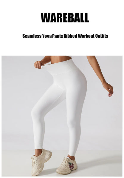 WAREBALL High Waist Yoga Pants New Ribbed Seamless Gym Leggings Sport Women Fitness Female Legging Tummy Control Running Tights