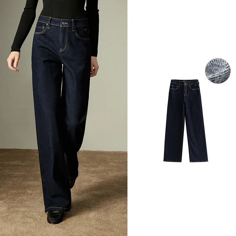 TOYOUTH Women Jeans 2025 Winter New Wool-Blend Elastic Retro Original Color Mid-Low Waist Wide-Leg Trousers
