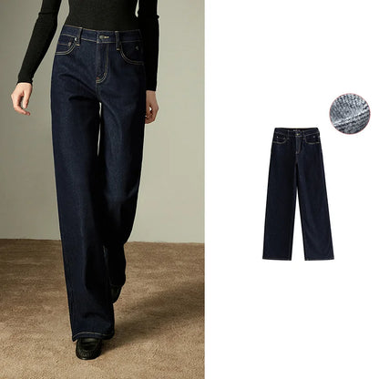 TOYOUTH Women Jeans 2025 Winter New Wool-Blend Elastic Retro Original Color Mid-Low Waist Wide-Leg Trousers