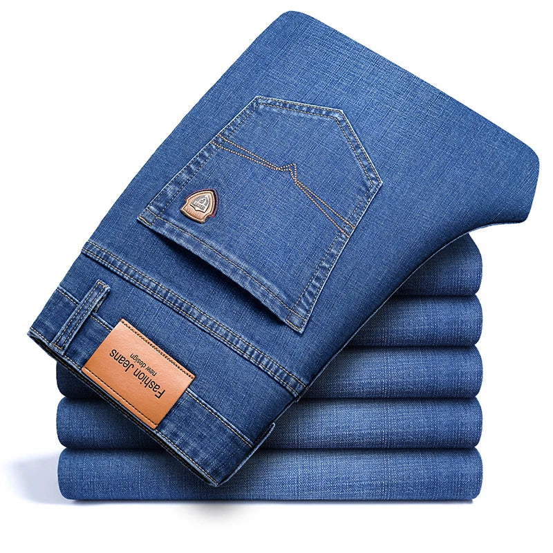 SHAN BAO 2022 autumn spring fitted straight stretch denim jeans classic style badge youth men&