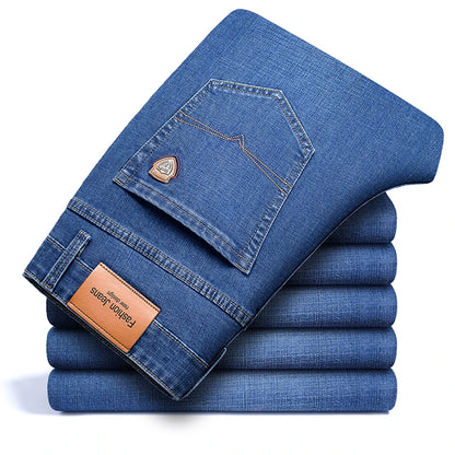 SHAN BAO 2022 autumn spring fitted straight stretch denim jeans classic style badge youth men&