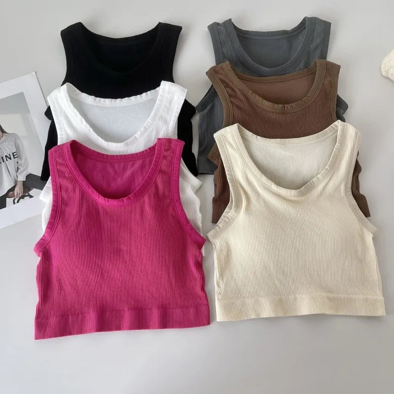 Women Tank Top Built In Bras Women Sports Bras Top With Chest Pads Shockproof Round Neck Crop Top Comfort Camisole