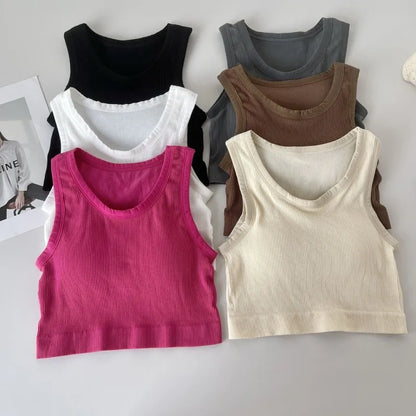 Women Tank Top Built In Bras Women Sports Bras Top With Chest Pads Shockproof Round Neck Crop Top Comfort Camisole