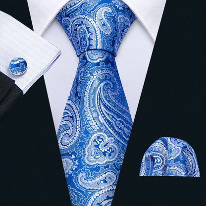 Barry.Wang Navy Royal Sky Blue Silk Men Tie Hanky Cufflinks Set Jacquard Teal Cyan Turquoise Necktie for Male Wedding Business