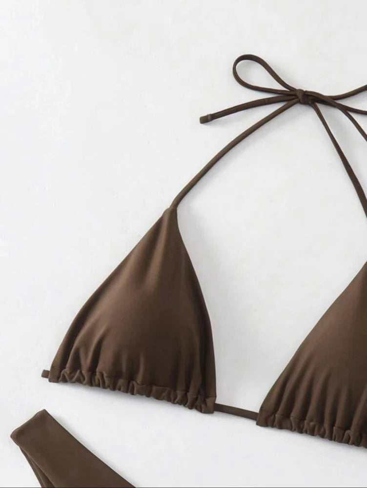 Women Thong Bikini Sexy Solid White/Black/Coffee Halter Swimsuit Lace Up Brazilian Bathing Suit 2025 New Double Fabric Beachwear