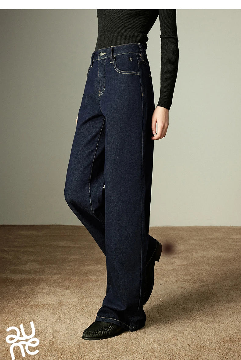 TOYOUTH Women Jeans 2025 Winter New Wool-Blend Elastic Retro Original Color Mid-Low Waist Wide-Leg Trousers