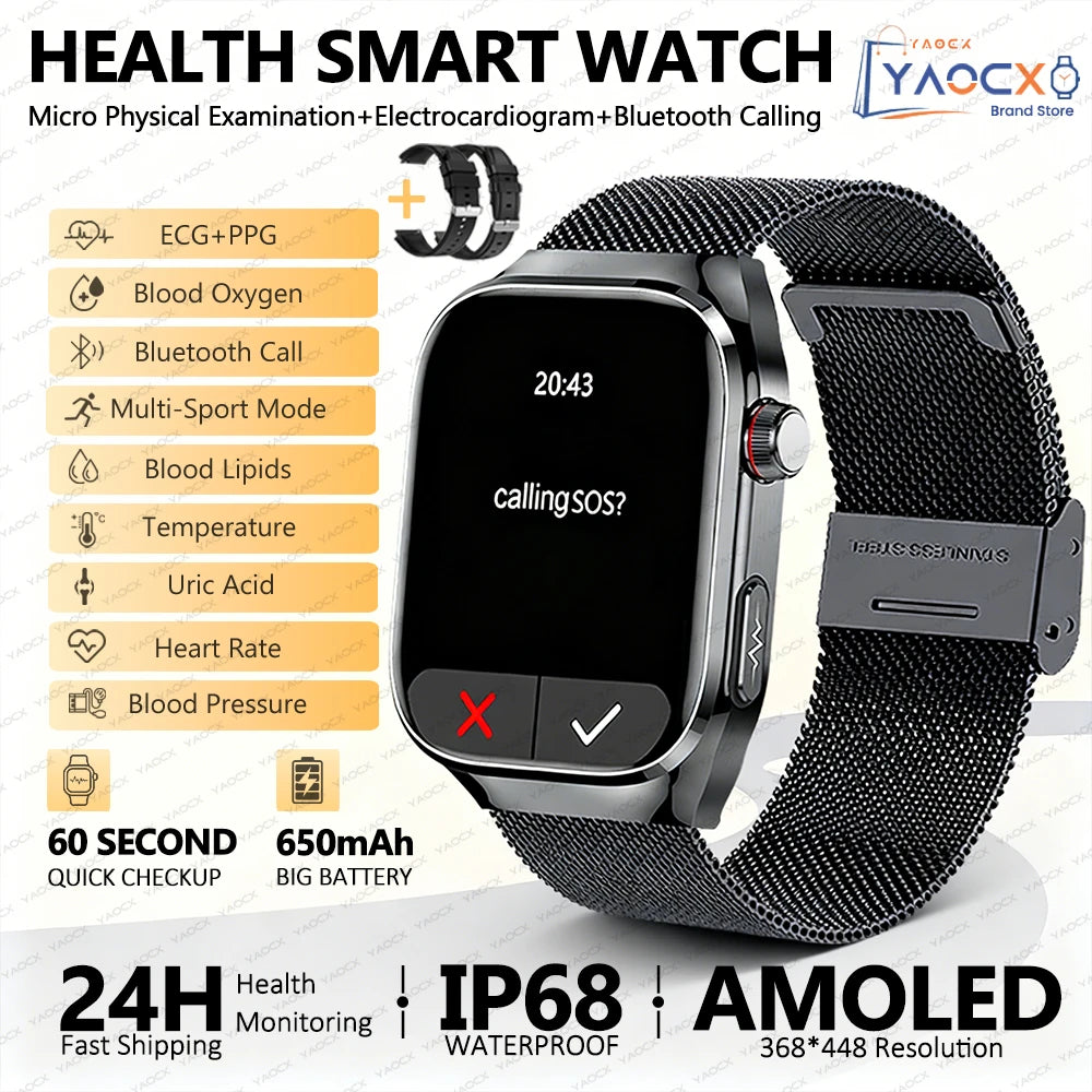 2026 New Smart Watch 2.04-inch AMOLED Screen Bluetooth Call IP68 Waterproof 650mA Sports Smartwatches Men Android Military-Grade