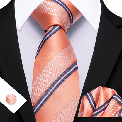 Barry.Wang Jacquard Watermelon &amp; Peach Pink Men Tie With Pocket Square Cufflinks Set Exquisiet Necktie For Male Wedding Business