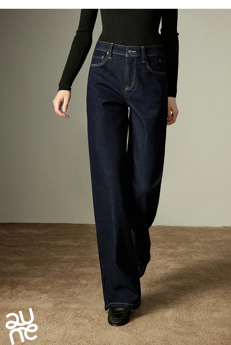 TOYOUTH Women Jeans 2025 Winter New Wool-Blend Elastic Retro Original Color Mid-Low Waist Wide-Leg Trousers