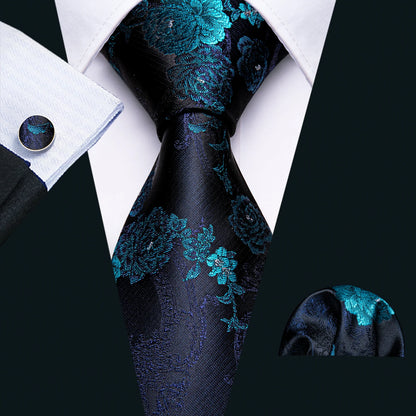 Barry.Wang Colorful Men Tie Handkerchief Cufflinks Set Novelty Floral Necktie for Male Designer Wedding Business Party Gift