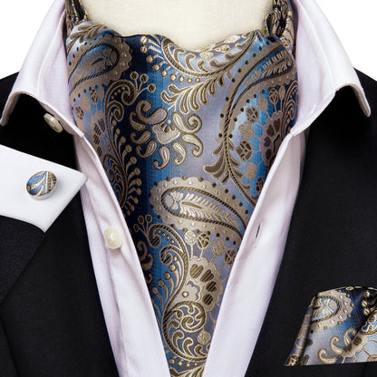 Hi-Tie Silk Mens Ascot Hanky Cufflinks Set Black Yellow White Paisley Cravat Tie Vest Dress Ascots Self Vintage Jacquard Woven