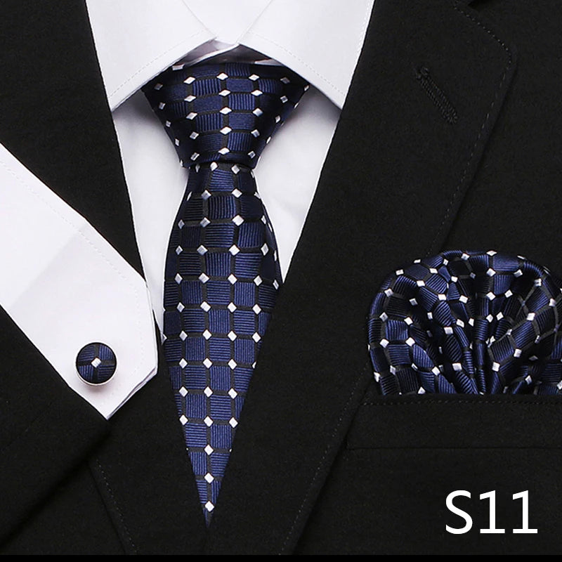Men`s Tie Red Plaid print Jacquard Woven Tie Hanky Cufflinks Sets For Formal Wedding Business Party Free Postage