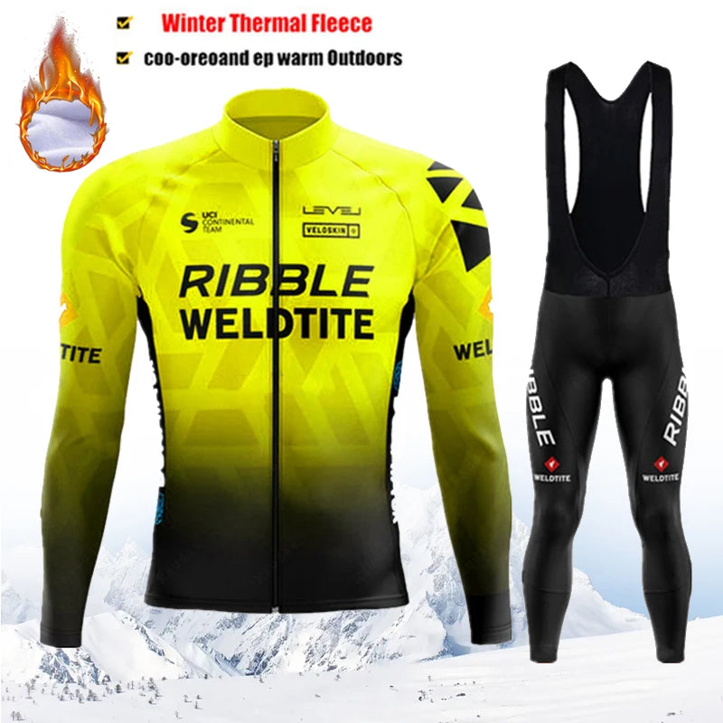 2025 Pro Warm Winter Thermal Fleece Cycling Jersey Sets Men Outdoor Riding MTB Ropa Ciclismo Bib Pants Set Team Cycling Clothing