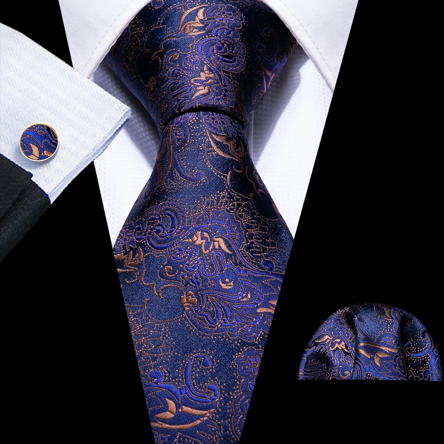 Barry.Wang Navy Royal Sky Blue Silk Men Tie Hanky Cufflinks Set Jacquard Teal Cyan Turquoise Necktie for Male Wedding Business