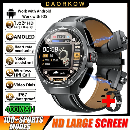 New Smart Watch Men TWS 2-in-1 Bluetooth Earphones With Built-in Speaker HIFI  1.53HD SCreen Bluetooth Call IP67 Waterproof