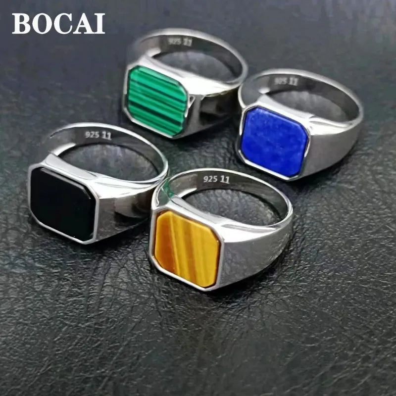 BOCAI  S925 Silver Jewelry Inlaid With Natural Malachite Stone Square Men&
