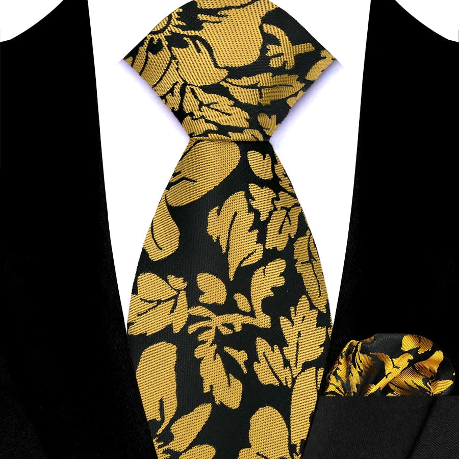 Mens 8cm Tie Set Orange Brown Floral Stripes Wedding Tie Hadkerchief Set For Men Fashion Design Quality Hanky Necktie Set