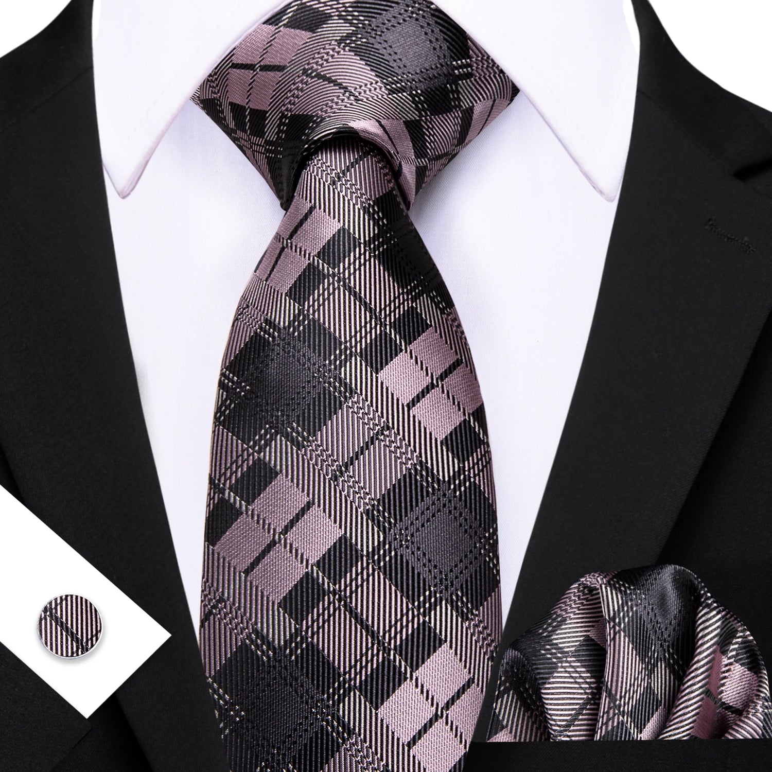 Barry.Wang Jacquard Watermelon &amp; Peach Pink Men Tie With Pocket Square Cufflinks Set Exquisiet Necktie For Male Wedding Business