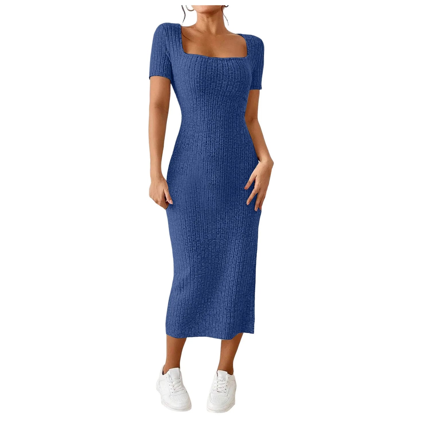 Summer Dresses For Women 2026 Summer Ribbed Short Sleeve Bodycon Maxi Dress Side Slit Knit Square Neck Long Robe Vestidos