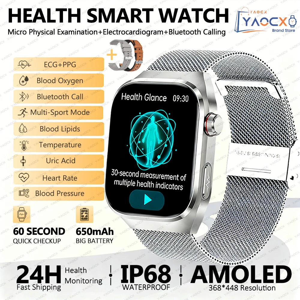 2026 New Smart Watch 2.04-inch AMOLED Screen Bluetooth Call IP68 Waterproof 650mA Sports Smartwatches Men Android Military-Grade