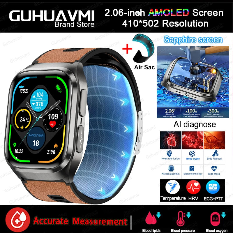 2026 New Blood Pressure Air Pump Airbag Accurate Measure Smart Watch Men Non invasive Blood Lipids Health ECG Smart Watches NFC