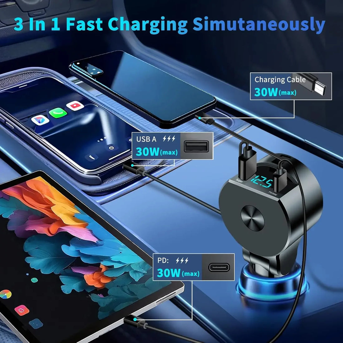 Upgraded Retractable Car Charger 3 in 1, 69W Fast Charging PD30W+2.4A Voltage Display Dual Cables for iPhone &amp; Android