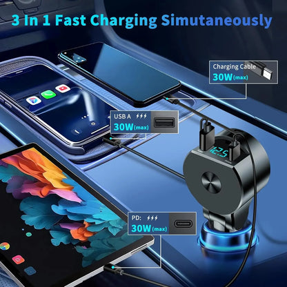 Upgraded Retractable Car Charger 3 in 1, 69W Fast Charging PD30W+2.4A Voltage Display Dual Cables for iPhone &amp; Android