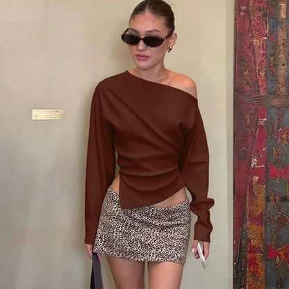 Talenza Women Casual Top Fashion Slim Slit Long Sleeve Pullover Top Sexy Strapless Pleated New Party Looks Top Female Streetwear