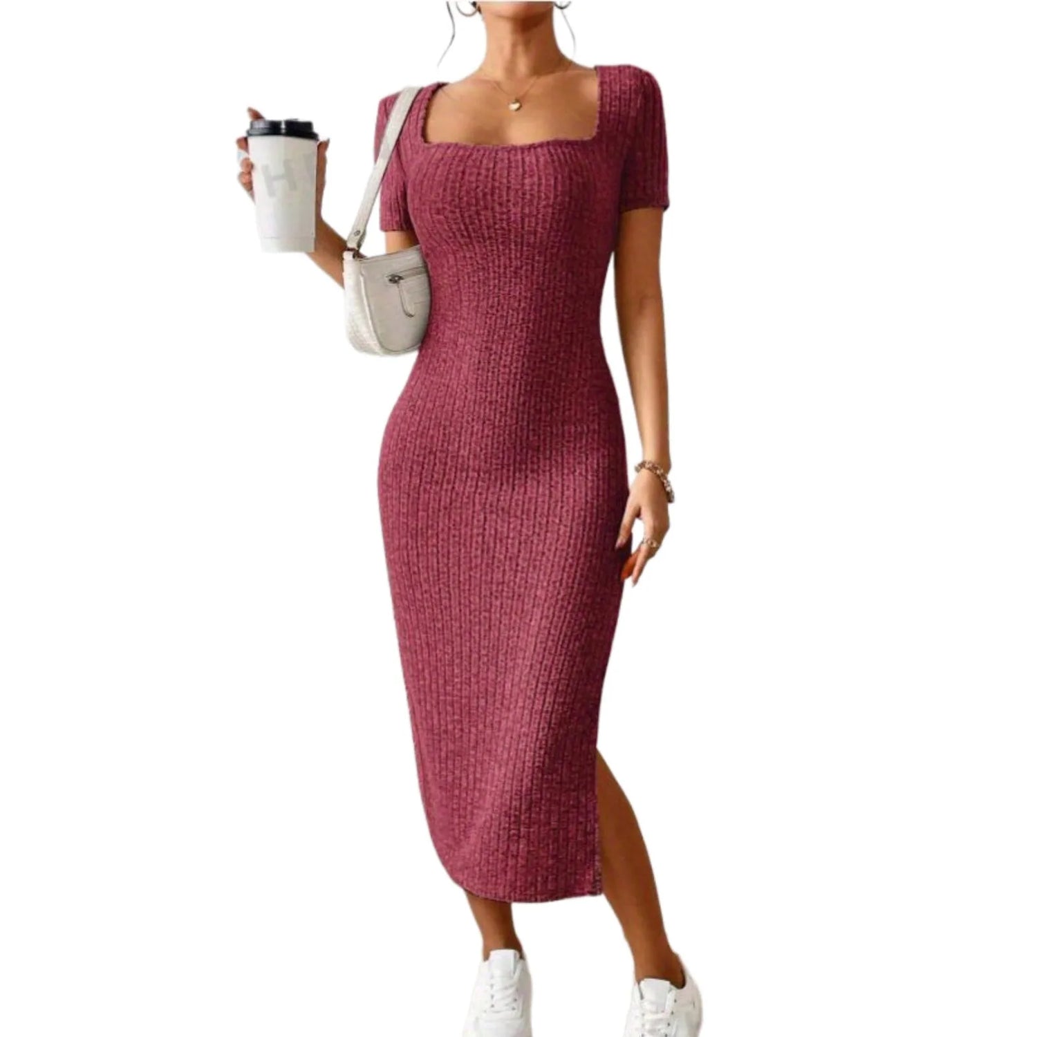 Summer Dresses For Women 2026 Summer Ribbed Short Sleeve Bodycon Maxi Dress Side Slit Knit Square Neck Long Robe Vestidos