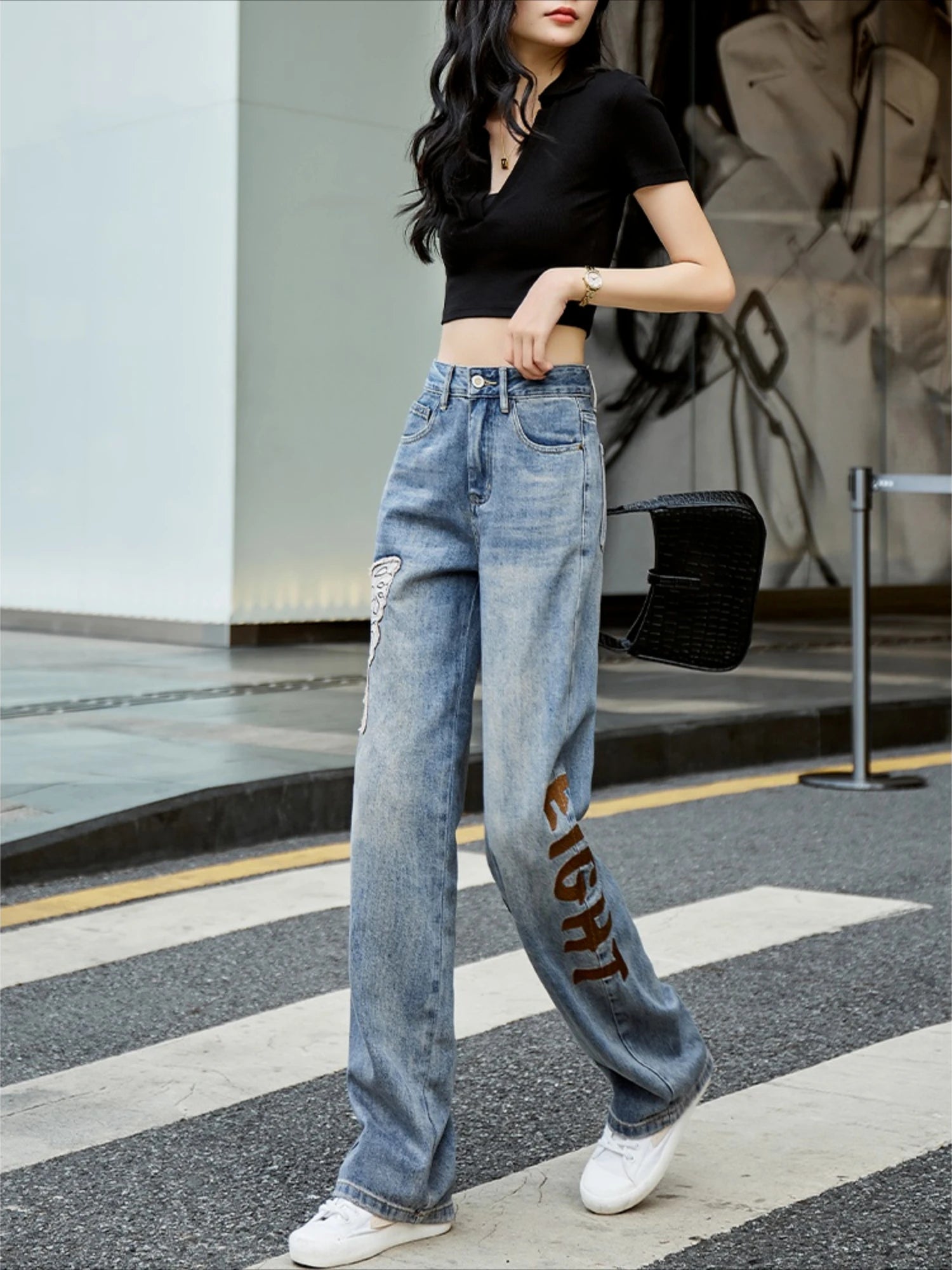 Womens Jeans High Waist Shot Denim Pants for Women Graphic Straight Leg Butterfly Trousers with Print Pattern Basics Z on Sale A