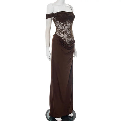 Mozision One Shoulder Lace See Through Sexy Maxi Dress Women Gown Fashion Off-shoulder Sleeveless Backless Club Long Dresses