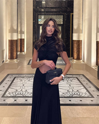 Mozision Hollow Out Short Sleeve Sexy Maxi Dress Women Fashion O Neck Ruched High Waist Bodycon Club Party Long Dress Female