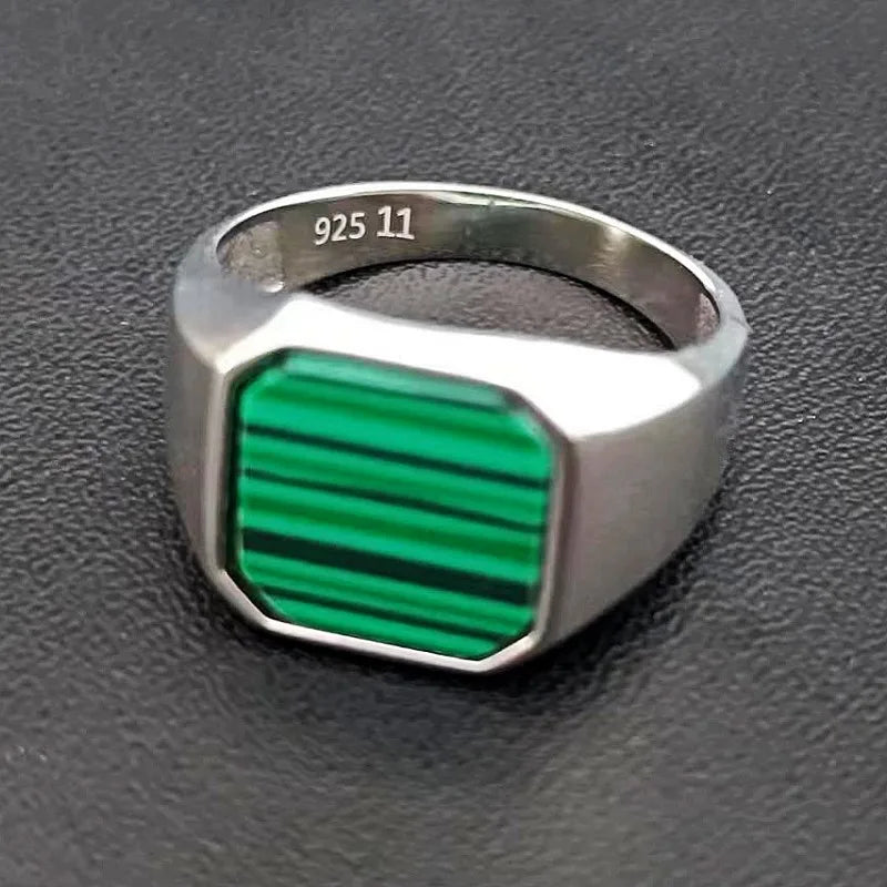 BOCAI  S925 Silver Jewelry Inlaid With Natural Malachite Stone Square Men&