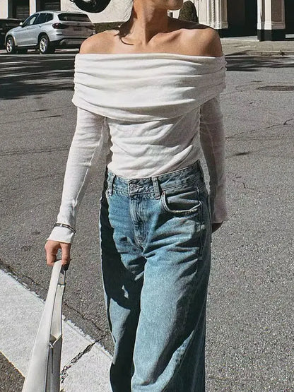 HH 2025 Woman Sexy Off Shoulder Long Sleeve T-Shirts Cotton Top New Women Short Ruched Simple Basic Translucent Tshirts