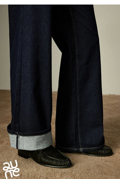 TOYOUTH Women Jeans 2025 Winter New Wool-Blend Elastic Retro Original Color Mid-Low Waist Wide-Leg Trousers