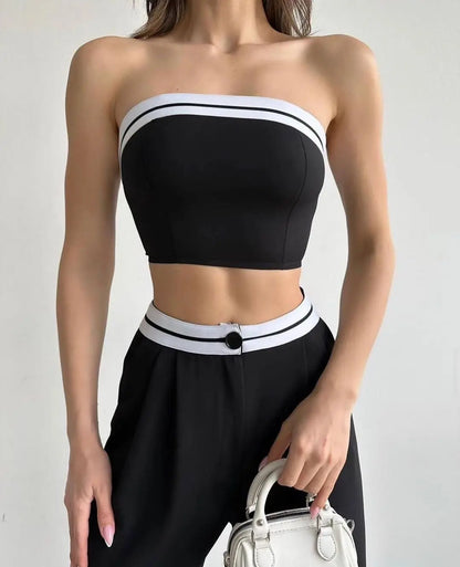 Hot Girls Wear Sports Vests Tube Tops Contrasting Colors High-waisted Wide-leg Trousers and Casual Two-piece Suits