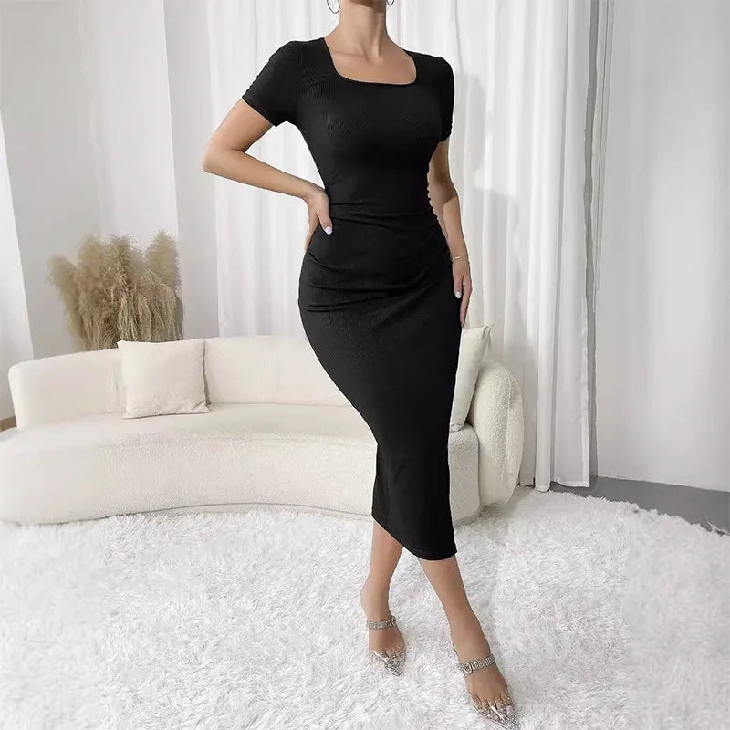 Slim Fit Square Neck Side Open Long Dress Sexy Solid Color Elegance Women&