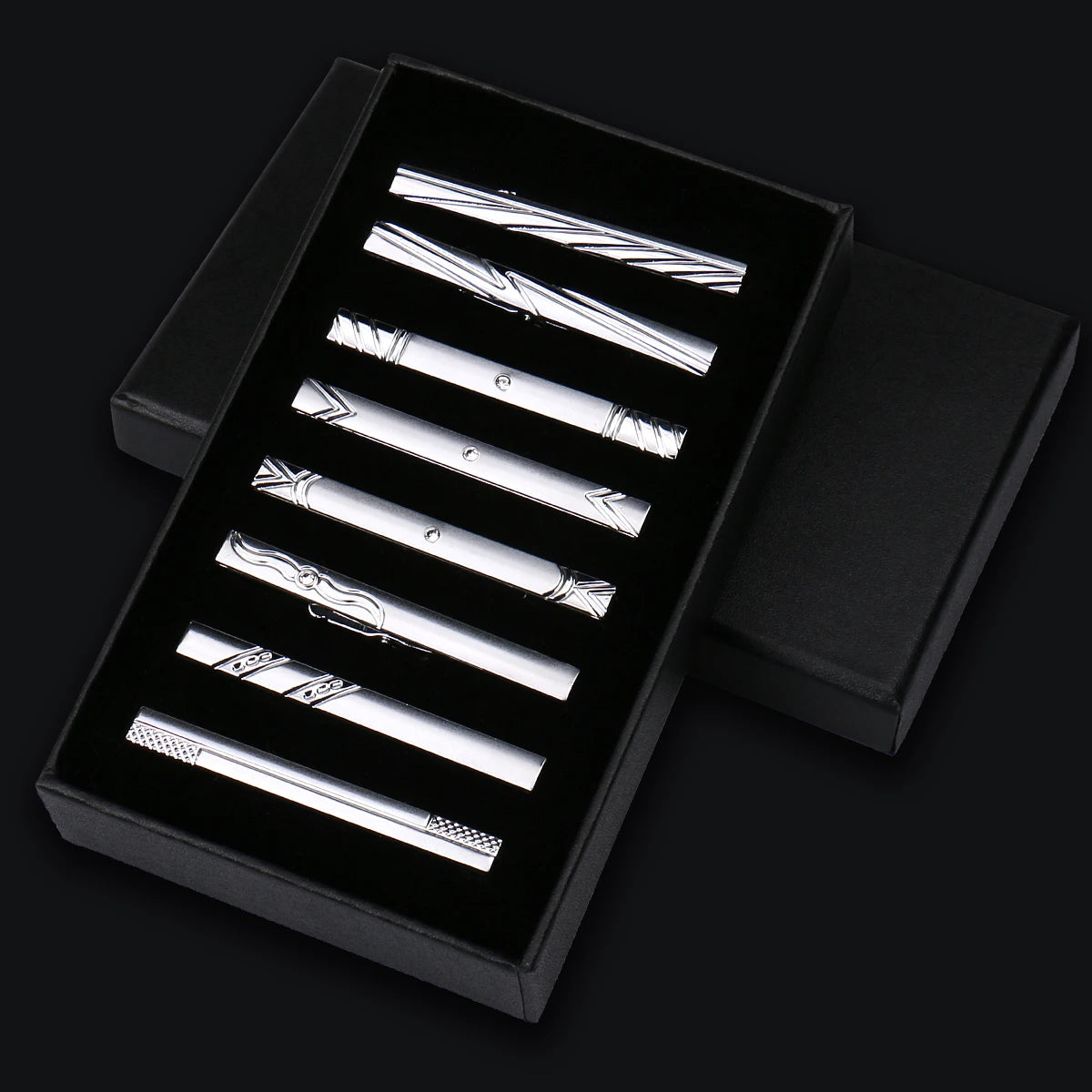 8pcs Tie Clips Metal Diamond With Box For Men Wedding Mens Necktie Clips Set Chrome Stainless Steel Jewelry Gentleman Ties Pin