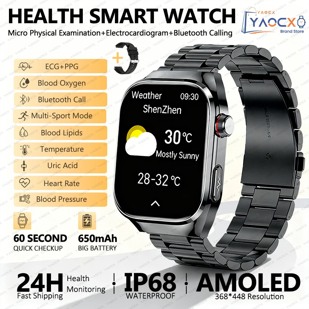 2026 New Smart Watch 2.04-inch AMOLED Screen Bluetooth Call IP68 Waterproof 650mA Sports Smartwatches Men Android Military-Grade