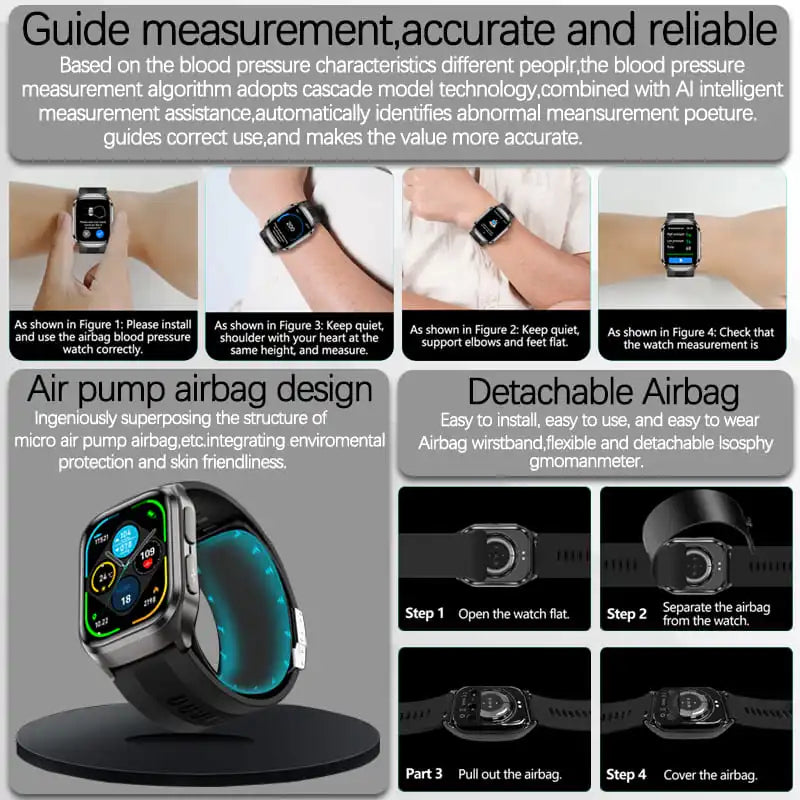 2026 New Blood Pressure Air Pump Airbag Accurate Measure Smart Watch Men Non invasive Blood Lipids Health ECG Smart Watches NFC