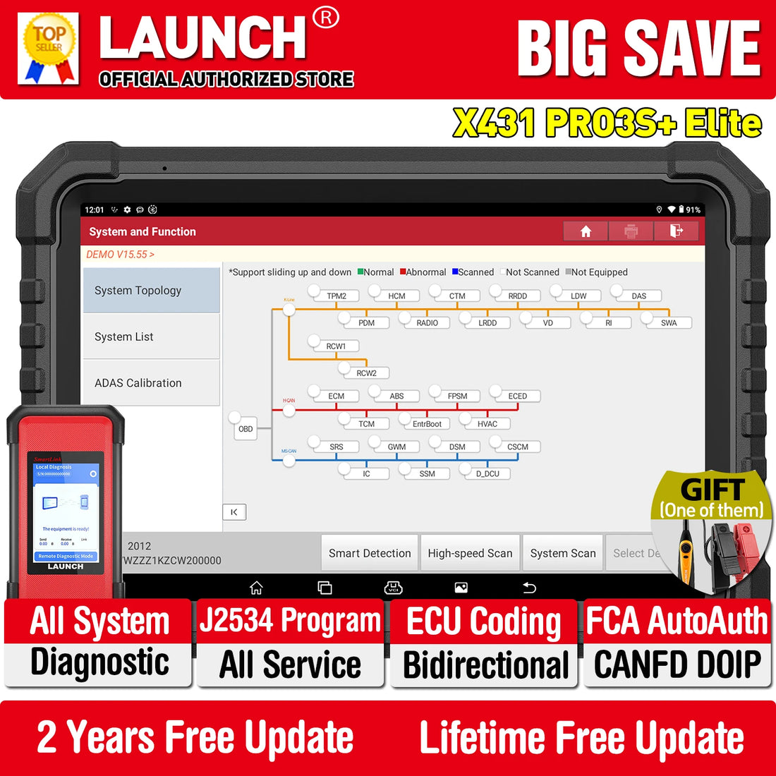 LAUNCH X431 PRO3S+ ELITE Bidirectional Scan Tool J2534 Program All System Diagnostic Scanner Topology All Service Online Coding