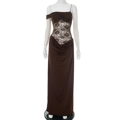 Mozision One Shoulder Lace See Through Sexy Maxi Dress Women Gown Fashion Off-shoulder Sleeveless Backless Club Long Dresses