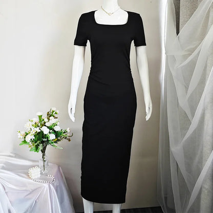 Slim Fit Square Neck Side Open Long Dress Sexy Solid Color Elegance Women&