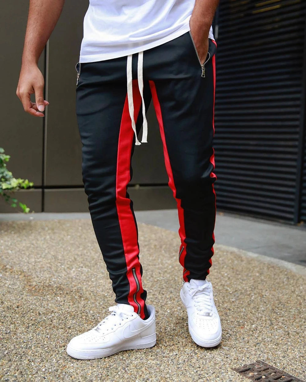 Mens Training Pants Plaid GYM Track Sweatpants Grey Joggers Breathable Stripe Fitness Male Running Sport Trousers Zipper Pockets