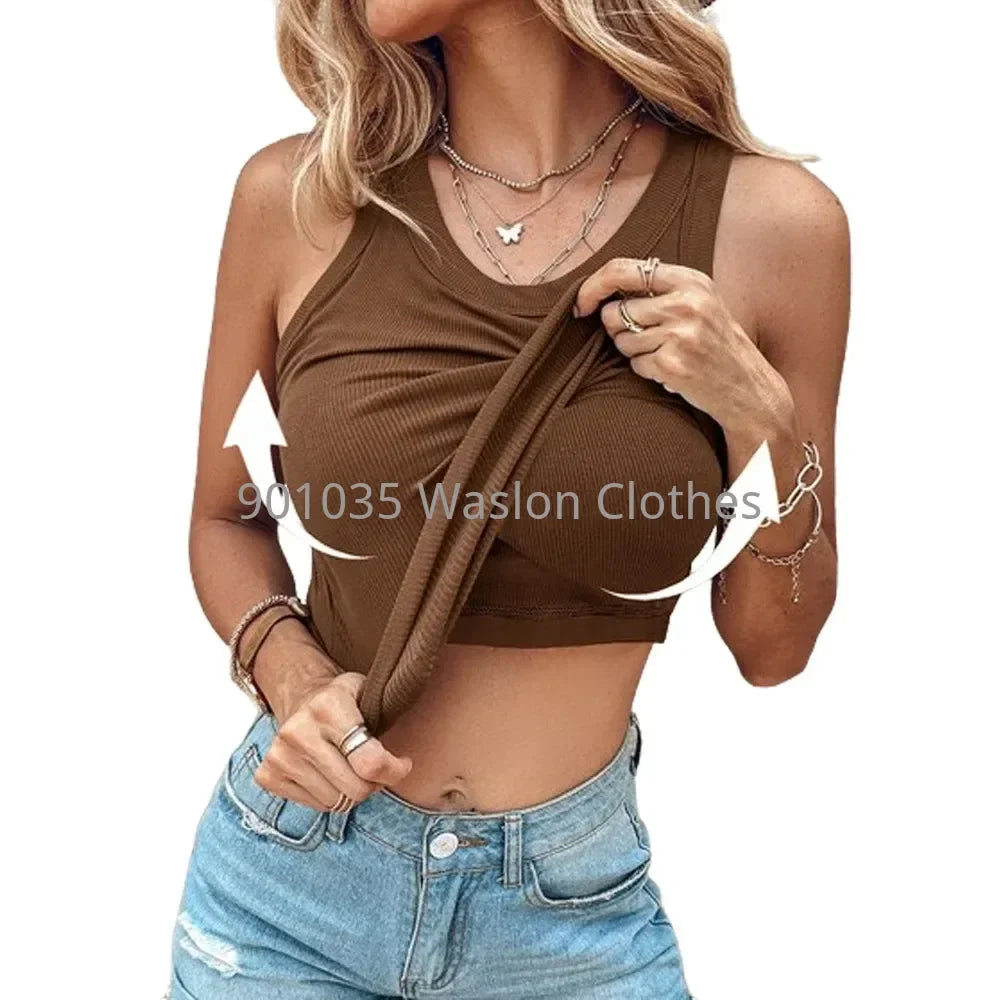 Fashion Tank Top Women Clothing Summer New Round Neck Ribbed with Bra Pads Casual Solid Color Sleeveless Tops for Female